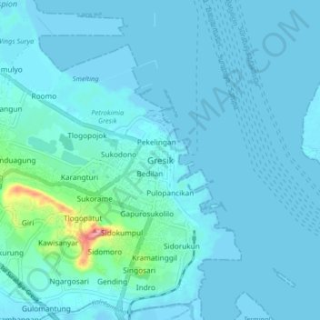 Mapa topográfico Gresik, altitude, relevo
