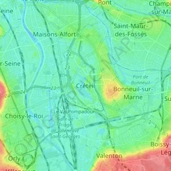Mapa topográfico Créteil, altitude, relevo