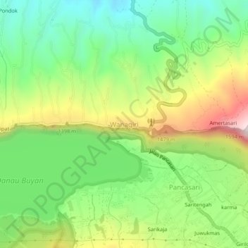 Mapa topográfico Wanagiri, altitude, relevo