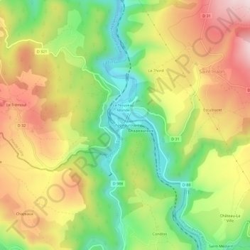 Mapa topográfico Chapeauroux, altitude, relevo