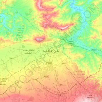 Mapa topográfico Fez, altitude, relevo