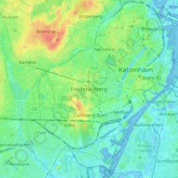Mapa topográfico Frederiksberg, altitude, relevo