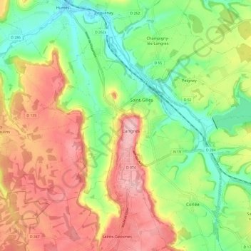 Mapa topográfico Langres, altitude, relevo
