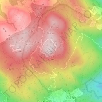 Mapa topográfico Monte Aloia, altitude, relevo
