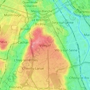 Mapa topográfico Villejuif, altitude, relevo