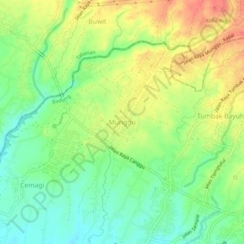 Mapa topográfico Munggu, altitude, relevo
