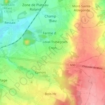 Mapa topográfico Trahegnies, altitude, relevo