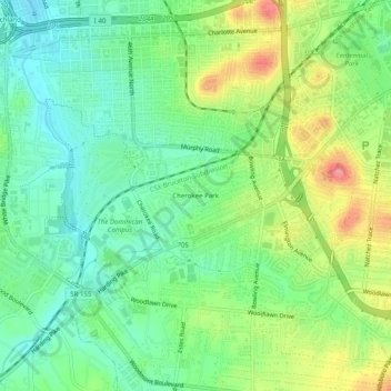 Mapa topográfico Cherokee Park, altitude, relevo