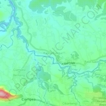 Mapa topográfico Ranca Bungur, altitude, relevo