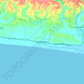 Mapa topográfico Tegalbuleud, altitude, relevo