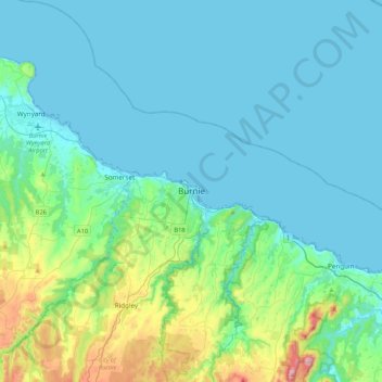 Mapa topográfico Burnie, altitude, relevo
