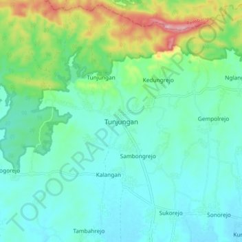 Mapa topográfico Tunjungan, altitude, relevo