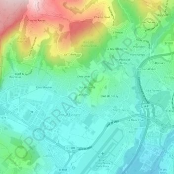 Mapa topográfico Sur les Nants, altitude, relevo
