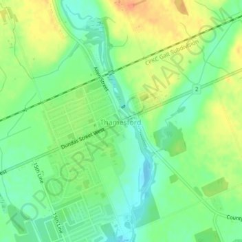 Mapa topográfico Thamesford, altitude, relevo