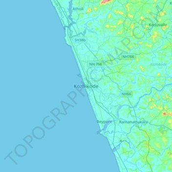 Mapa topográfico Kozhikode, altitude, relevo