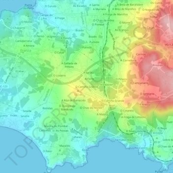 Mapa topográfico O Camiño Grande, altitude, relevo
