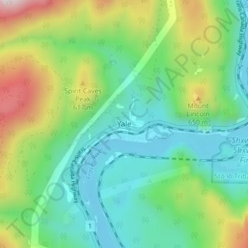 Mapa topográfico Yale, altitude, relevo