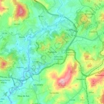 Mapa topográfico Pevidém, altitude, relevo