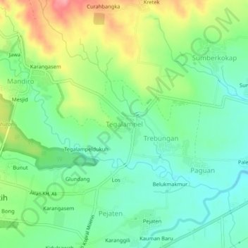 Mapa topográfico Tegalampel, altitude, relevo