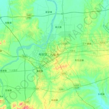 Mapa topográfico 六安市, altitude, relevo