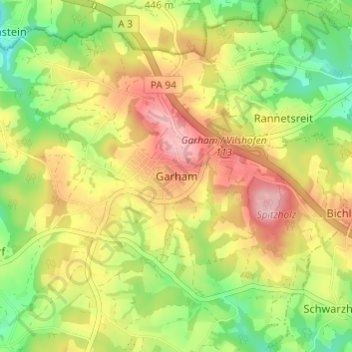 Mapa topográfico Garham, altitude, relevo