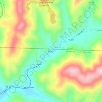 Mapa topográfico Pruden, altitude, relevo