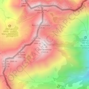 Mapa topográfico Pic de Comapedrosa, altitude, relevo
