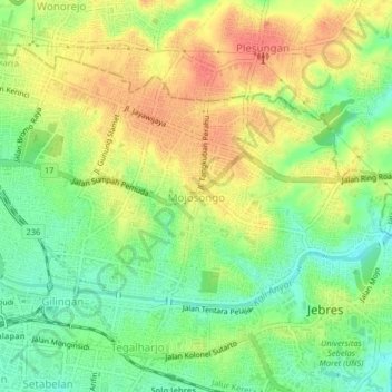 Mapa topográfico Mojosongo, altitude, relevo