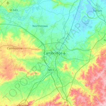 Mapa topográfico Cambridge, altitude, relevo