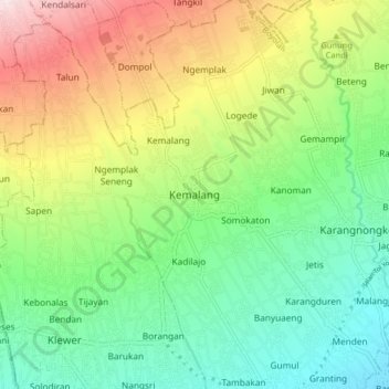 Mapa topográfico Kemalang, altitude, relevo