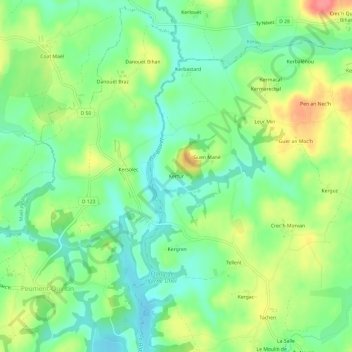 Mapa topográfico Kerfur, altitude, relevo