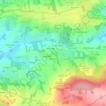 Mapa topográfico Kerampran, altitude, relevo