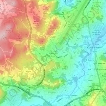 Mapa topográfico Culleredo, altitude, relevo
