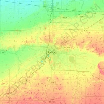 Mapa topográfico Findlay, altitude, relevo