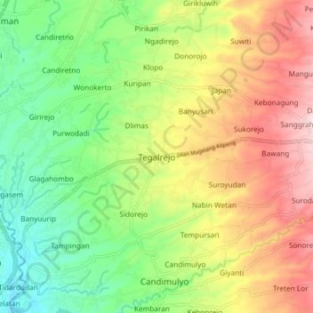 Mapa topográfico Tegalrejo, altitude, relevo