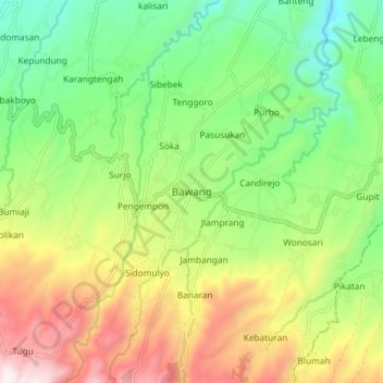 Mapa topográfico Bawang, altitude, relevo