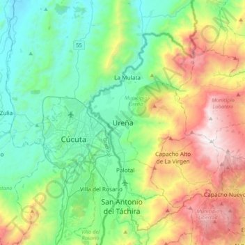 Mapa topográfico Ureña, altitude, relevo