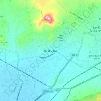 Mapa topográfico Teotihuacán, altitude, relevo