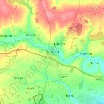 Mapa topográfico Burford, altitude, relevo