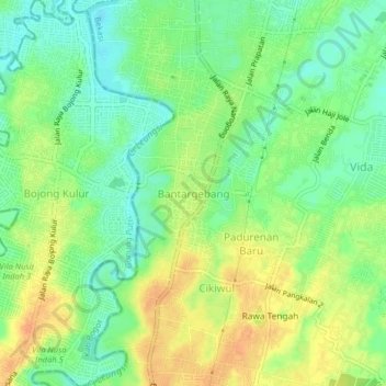 Mapa topográfico Bantargebang, altitude, relevo