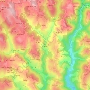 Mapa topográfico Le Moulin de Fleyssac, altitude, relevo