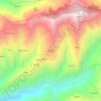 Mapa topográfico Miyani, altitude, relevo