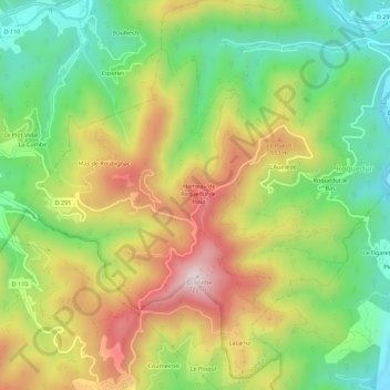 Mapa topográfico Roquedur le Haut, altitude, relevo
