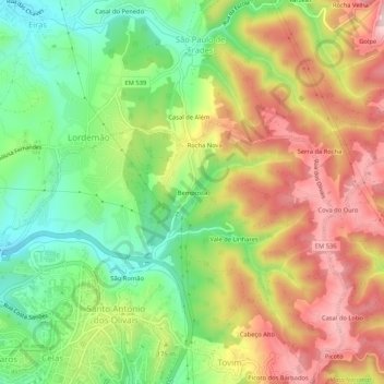 Mapa topográfico Bemposta, altitude, relevo