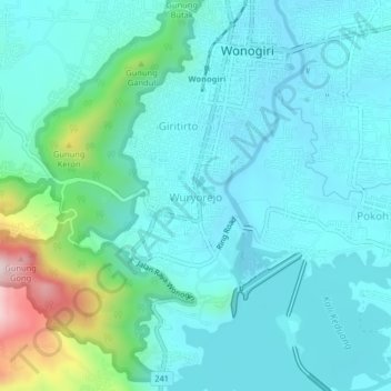 Mapa topográfico Wuryorejo, altitude, relevo