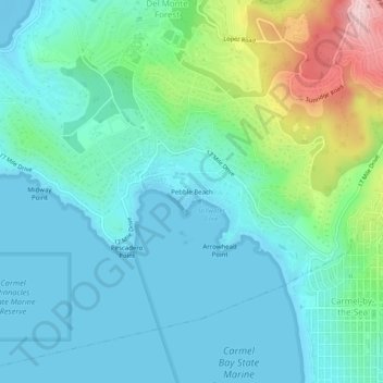 Mapa topográfico Pebble Beach, altitude, relevo