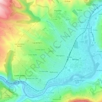 Mapa topográfico Viastels, altitude, relevo