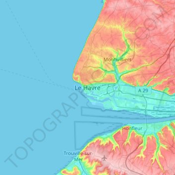 Mapa topográfico Le Havre, altitude, relevo