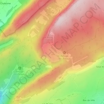 Mapa topográfico Les Arboux, altitude, relevo