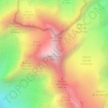 Mapa topográfico Mont Pourri, altitude, relevo